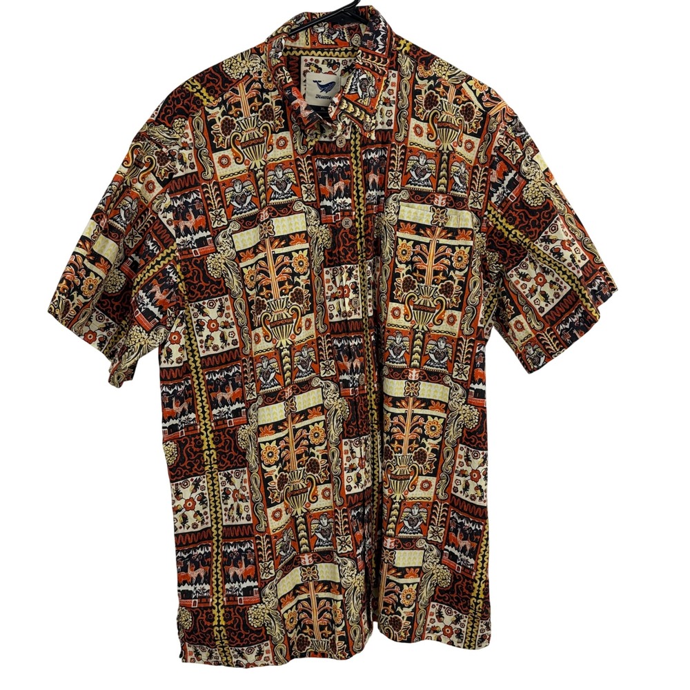 Yiume Shirt Mens XL Orange Totem Tribal Bird Print Short Sleeve Button Up Cotton
